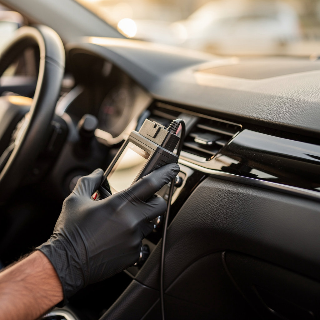 MIKE'S PIT STOP technician performing advanced vehicle diagnostics with professional scanning tools in San Diego