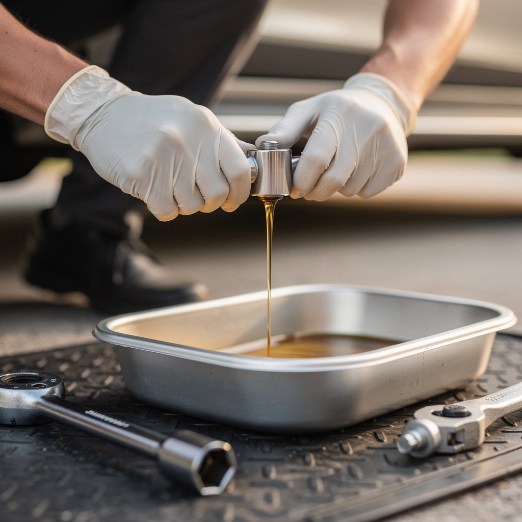 MIKE'S PIT STOP technician performing a professional mobile oil change service in San Diego
